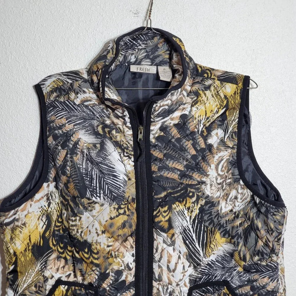 Fresh Puffer Vest XL Multicolor Abstract Feather Print Sleeveless Zip-Up - Picture 4 of 8